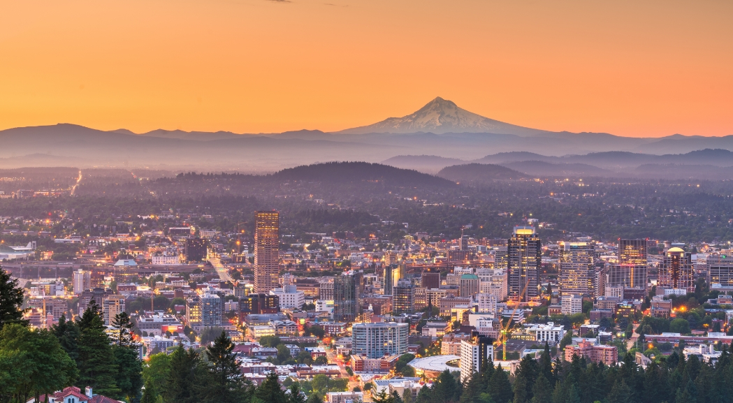 Skyline of Portland, Oregon with mountain in background