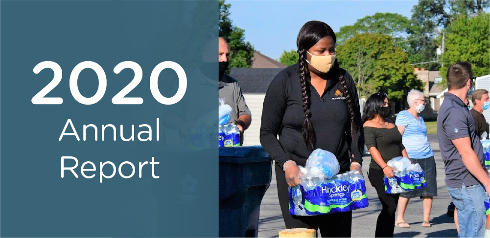 Image of woman wearing a mask and carrying package of water with text reading"2020 Annual Report"