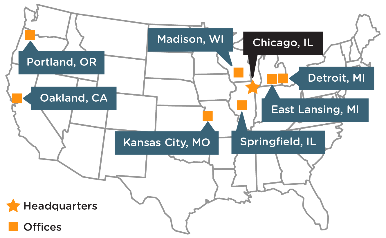 Map of the U.S. with cities highlighted to show where Elevate works