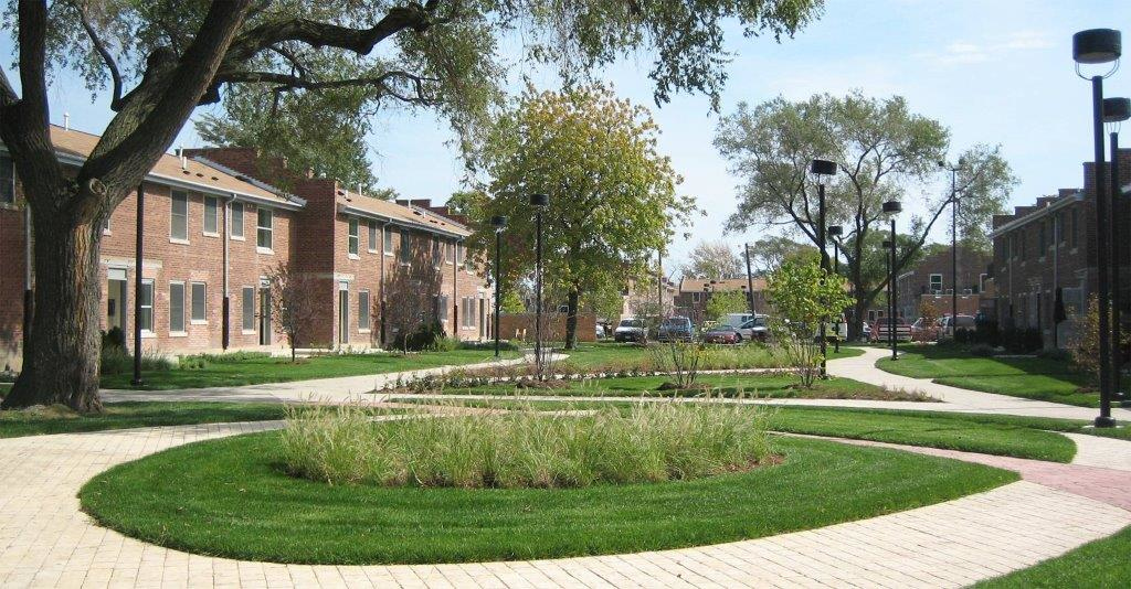 Public housing property with efficient outdoor lighting