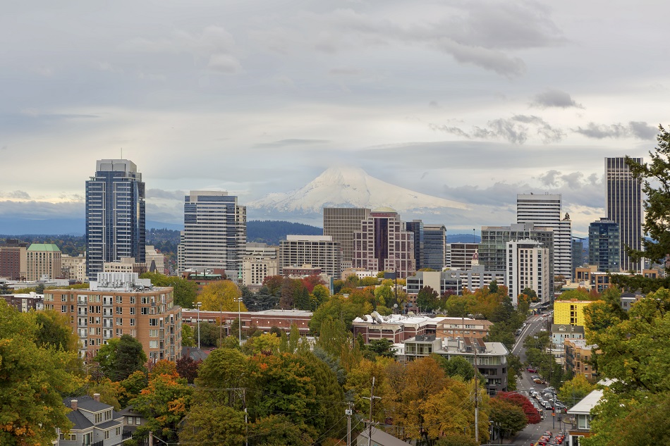 Portland OR downtown cityscape and Mt Hood Fall Season USA